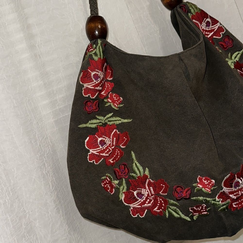ASOS Forever New Camo Green Canvas Red Burgundy Pink Floral Embroidered Hobo Bag - Picture 3 of 12